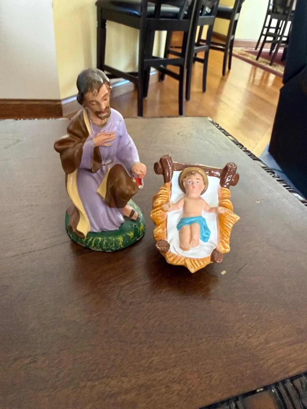Hand-Painted Paper Machete Nativity Figurines in Purple, Brown & Tan